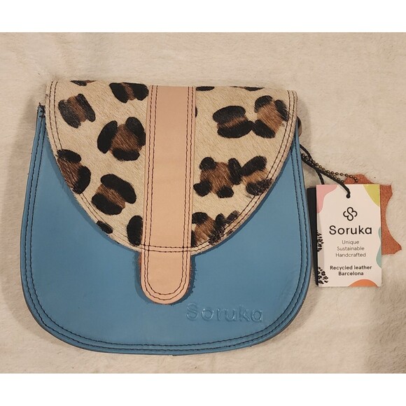 Soruka Leather Animal Blue Leopard Cheetah Crossbody Purse Bag Mall 7x7 Inch - Picture 1 of 11